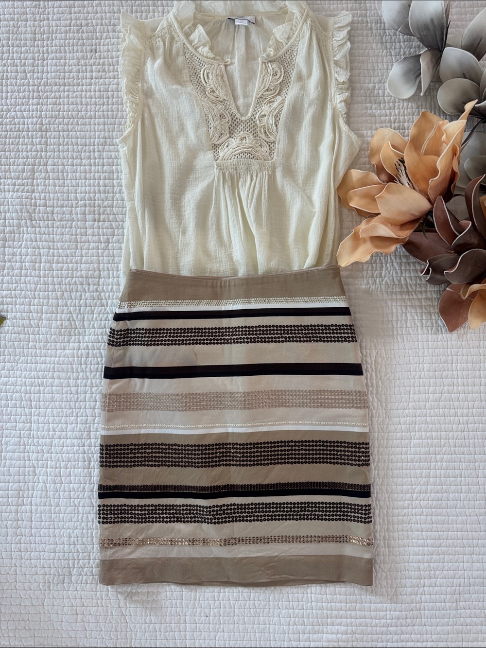White House Black Market Beige and Black Striped Pencil Skirt